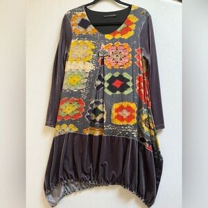 Didier Parakian Velvet Trim Patchwork Boho Lagenlook Tunic Dress